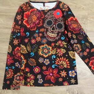 Colorful Floral Skull Long Sleeve Top made in Mexico. Very stretch material
